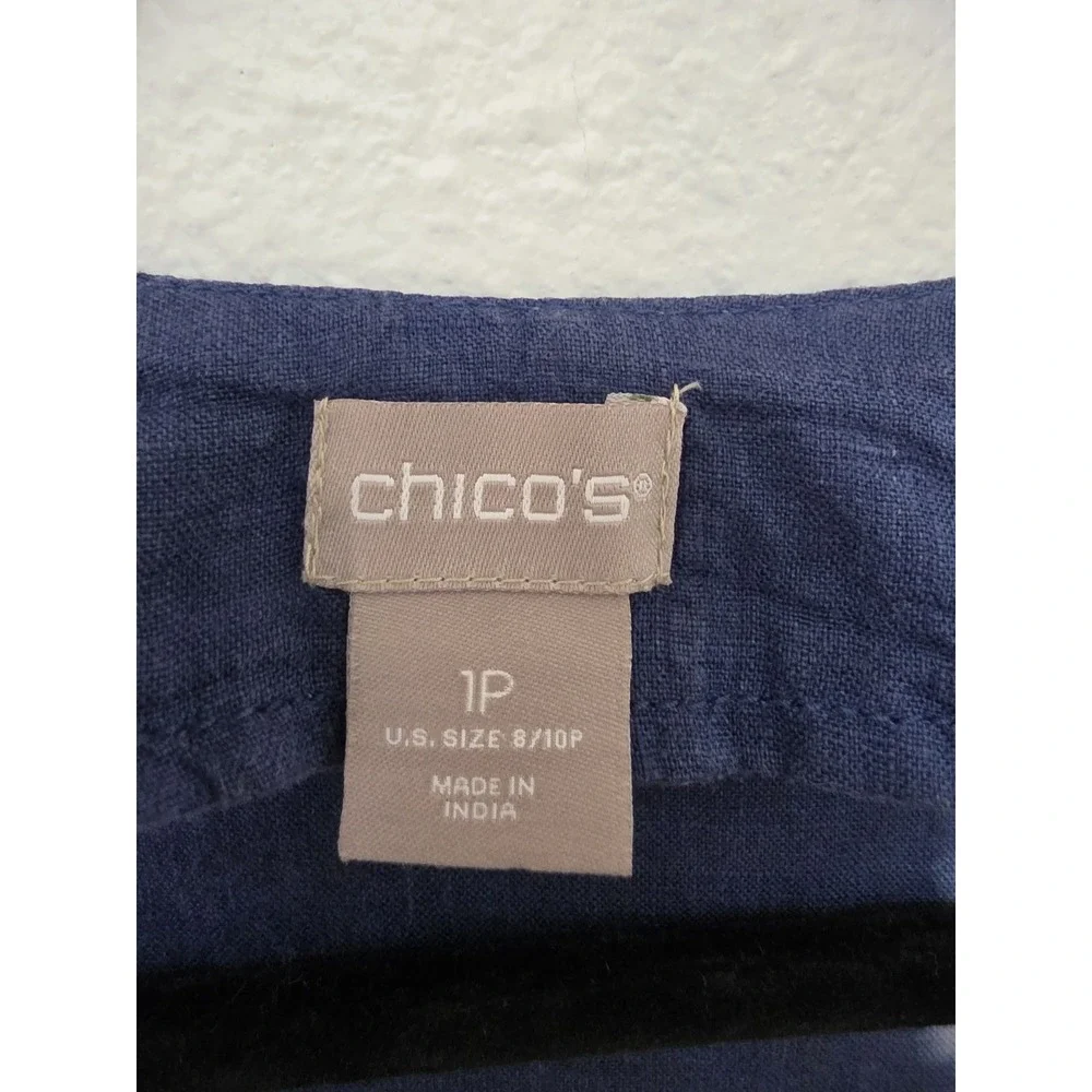 Chico's Open Cardigan Size 1P Boho Tie Dye Blue White Linen 3/4 Sleeve Sweater
